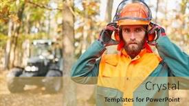  Presentation with gear - Beautiful presentation theme featuring forest-worker-or-lumberjack backdrop and a yellow colored foreground