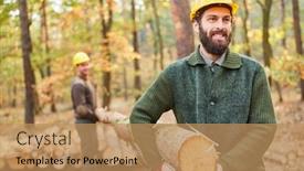  Presentation with wood harvest - Beautiful PPT layouts featuring forest-worker-or-lumberjack backdrop and a coral colored foreground