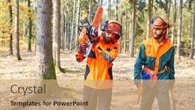  Presentation with chainsaw - Amazing PPT layouts having forest-workers-as-a-lumberjack backdrop and a coral colored foreground