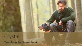  Presentation with hunting - Slide deck with forester is sitting on a log with a hound as a hunting dog in the woods background and a coral colored foreground