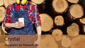  Presentation with plastic - Presentation theme having forestry worker - engineer in overalls holding plastic background and a gold colored foreground