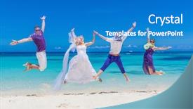  Presentation with beach wedding - Colorful slide set enhanced with forever young - bride groom and guests enjoying backdrop and a teal colored foreground