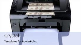  Presentation with 3d printing print concept metallic - Slide set enhanced with forgery - printer printing fake dollar bills background and a light blue colored foreground