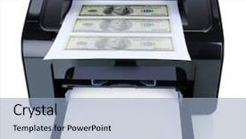  Presentation with 3d printing print concept metallic - Slide deck with forgery - printer printing fake dollar bills background and a light blue colored foreground