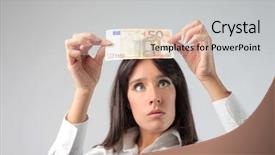  Presentation with euro - Theme enhanced with forgery - woman controlling a euro banknote background and a light gray colored foreground