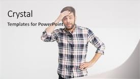  Presentation with man looking up happy - Presentation with forget - portrait of a confused young background and a light gray colored foreground