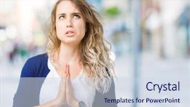  Presentation with praying hands - Audience pleasing PPT theme consisting of forgive - beautiful young blonde woman backdrop and a sky blue colored foreground