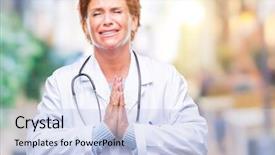  Presentation with praying hands - Presentation design having forgive - senior caucasian doctor woman wearing background and a sky blue colored foreground