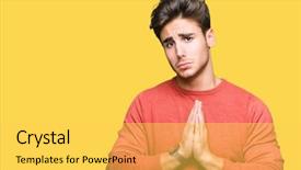  Presentation with praying hands - Colorful slide set enhanced with forgive - young handsome man over isolated backdrop and a yellow colored foreground