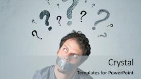  Presentation with 3d man sitting question mark - Cool new slide deck with forgotten - young man with taped mouth backdrop and a light gray colored foreground