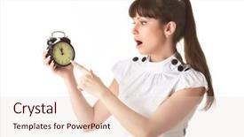  Presentation with alarm - PPT theme consisting of forgotten - young woman with alarm clock background and a lemonade colored foreground