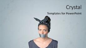  Presentation with mouth - Slide set enhanced with forgotten - young woman with taped mouth background and a light gray colored foreground