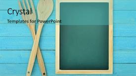 Presentation with spoon - Slide set having fork and spoon on wooden background and a teal colored foreground