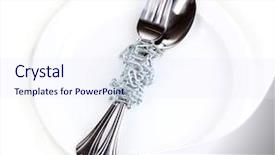  Presentation with white plate - Colorful slides enhanced with fork and spoon with chain backdrop and a sky blue colored foreground