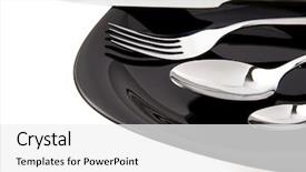  Presentation with utensils - Audience pleasing slide deck consisting of fork knife and spoon as utensils on plate isolated on white background backdrop and a white colored foreground