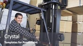  Presentation with forklift - Cool new presentation theme with fork lift - happy man driving forklift backdrop and a dark gray colored foreground