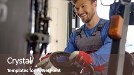  Presentation with lift truck - Cool new PPT theme with fork lift - man driving forklift truck backdrop and a tawny brown colored foreground