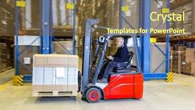  Presentation with forklift racks - PPT layouts having fork lift - reach truck forklift driving past background and a tawny brown colored foreground