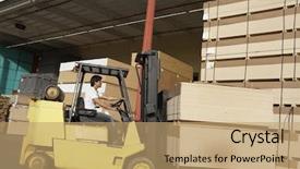  Presentation with lift truck - PPT layouts consisting of fork lift - side view of manual worker background and a coral colored foreground