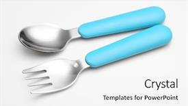  Presentation with cutlery - Audience pleasing slides consisting of fork spoon - blue baby cutlery isolated backdrop and a white colored foreground
