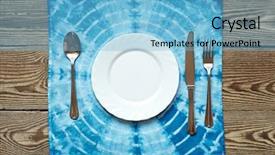  Presentation with tablecloth - Colorful presentation theme enhanced with fork spoon - empty plate on wooden tabletop backdrop and a light blue colored foreground
