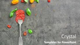  Presentation with tomato - PPT theme consisting of fork-with-delicious-sliced-sausage background and a gray colored foreground