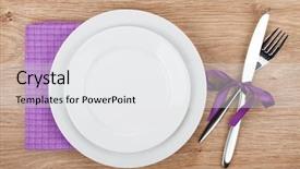  Presentation with table napkin - Beautiful slide set featuring fork with knife blank plates and napkin on wooden table background backdrop and a white colored foreground