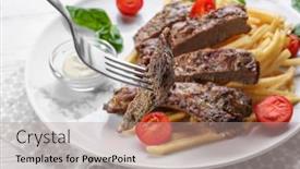  Presentation with steak - Beautiful slide deck featuring fork with piece of delicious backdrop and a coral colored foreground