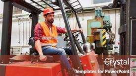  Presentation with forklift - Amazing PPT theme having forklift-driver-on-the-forklift backdrop and a tawny brown colored foreground
