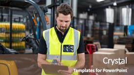  Presentation with inspection - Slide deck consisting of forklift inspection - attentive factory worker writing background and a violet colored foreground