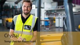  Presentation with factory - Presentation theme enhanced with forklift inspection - smiling factory worker writing background and a gold colored foreground