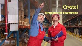  Presentation with warehouse - Presentation having forklift inspection - two inspectors in uniforms background and a tawny brown colored foreground