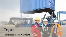  Presentation with intentional freight forwarding shipping - Slides having forklift inspection - workers discussing in shipping yard background and a  colored foreground