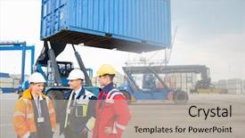  Presentation with shipping - Theme enhanced with forklift inspection - workers discussing in shipping yard background and a light gray colored foreground