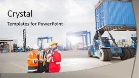  Presentation with inspection - Slide deck featuring forklift inspection - workers discussing in shipping yard background and a sky blue colored foreground