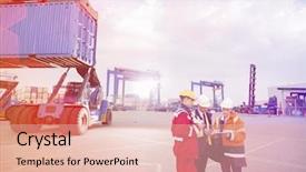  Presentation with inspection - Amazing PPT layouts having forklift inspection - workers discussing in shipping yard backdrop and a  colored foreground