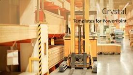  Presentation with forklift - Slide deck featuring forklift loader standing near shelves with wooden boards in storehouse background and a yellow colored foreground