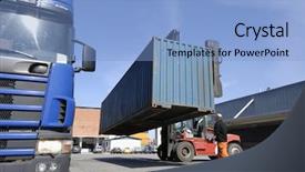  Presentation with container port - Amazing slide deck having forklift moving container from truck backdrop and a light blue colored foreground