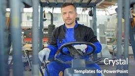  Presentation with forklift - Colorful presentation theme enhanced with forklift operator - man driving an elevator backdrop and a ocean colored foreground