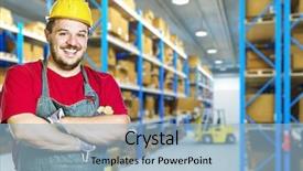  Presentation with forklift - Beautiful presentation theme featuring forklift operator - smiling caucasian young manual worker backdrop and a light blue colored foreground