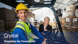  Presentation with forklift - Beautiful presentation theme featuring forklift operator - warehouse worker and his manager backdrop and a ocean colored foreground