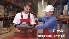  Presentation with senior worker - Slides having forklift training - senior worker teaching his junior background and a tawny brown colored foreground