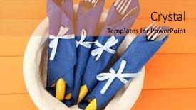  Presentation with knives - Cool new PPT layouts with forks and knives wrapped in blue paper napkins in basket on color wooden background backdrop and a gold colored foreground