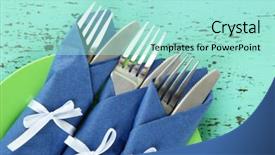  Presentation with knives - Presentation design consisting of forks and knives wrapped in blue paper napkins on color wooden background background and a arctic colored foreground