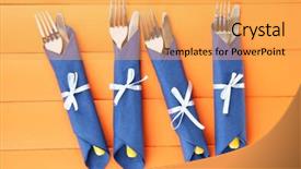  Presentation with napkins - Slide deck having forks and knives wrapped in blue paper napkins on color wooden background background and a yellow colored foreground