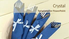  Presentation with knives - Colorful slide deck enhanced with forks and knives wrapped in blue paper napkins on color wooden background backdrop and a cream colored foreground