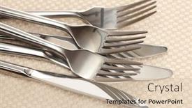  Presentation with knives - PPT theme with forks and knives on a beige tablecloth background and a soft green colored foreground