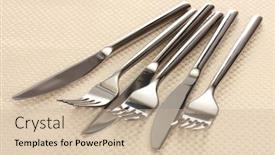  Presentation with knives - Audience pleasing theme consisting of forks and knives on a beige tablecloth backdrop and a soft green colored foreground