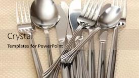  Presentation with knives - Cool new PPT theme with forks spoons and knives on a beige tablecloth backdrop and a coral colored foreground