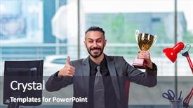  Presentation with champion golden trophy cup - Slide deck consisting of formal award - businessman winning cup trophy background and a tawny brown colored foreground